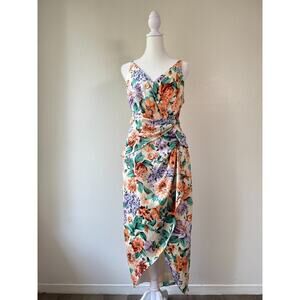 Express Floral Faux Wrap Midi Dress Women M Spaghetti Strap Tulip Hem Cocktail